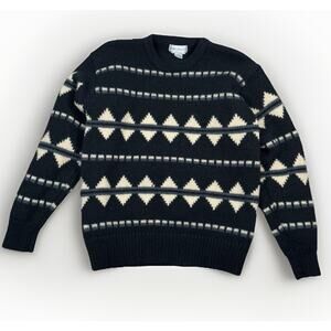 VTG Bloomingdales 100% Wool Black Sweater Heavy Knit Men's Size Large Geometric